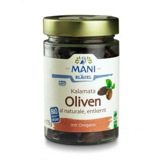 Oliven aus Kalamata schwarz ohne Stein / trocken mit Oregano