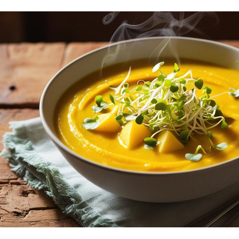 Kartoffel-Kokos-Suppe mit Kurkuma und Sprossen - V